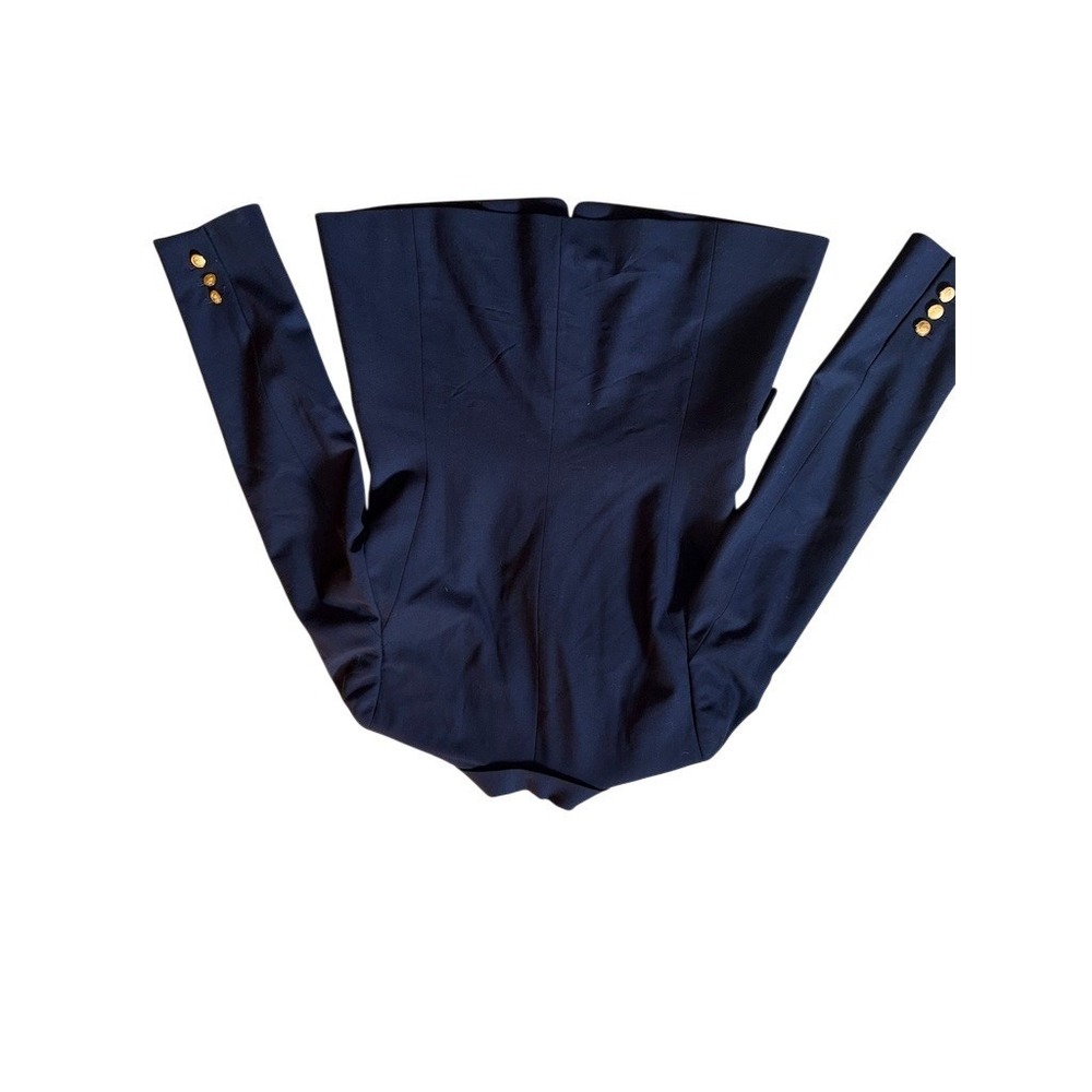 Petite Sophisticate Blazer Womens 4P Navy Stretch Knit Gold Crest wool Classic - Picture 9 of 11